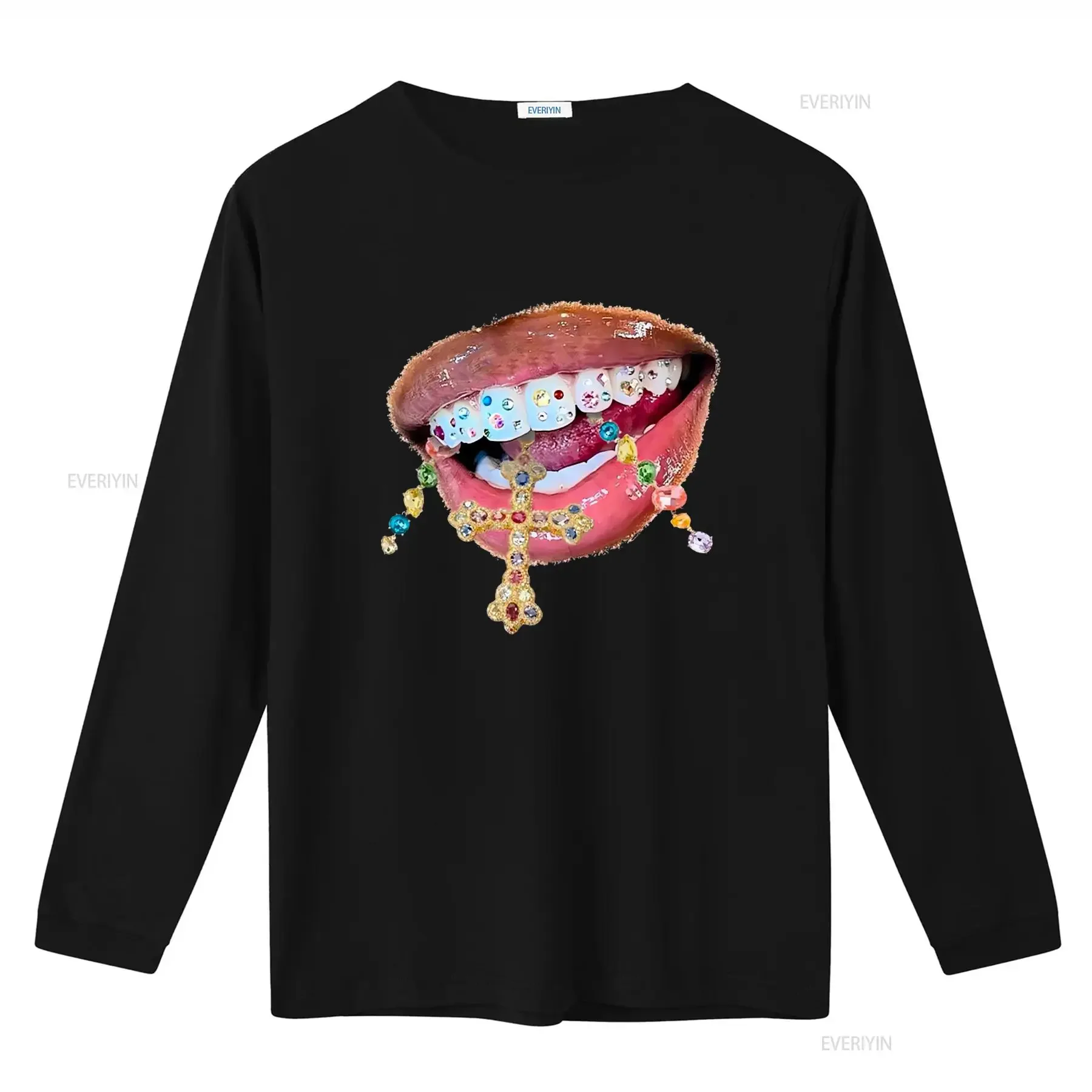 Glossy Jewelry Mouth Print T Shirt Streetwear Y2K Cotton Opium Fashion  vintage Washed homme Unisex Breathable graphic fashion