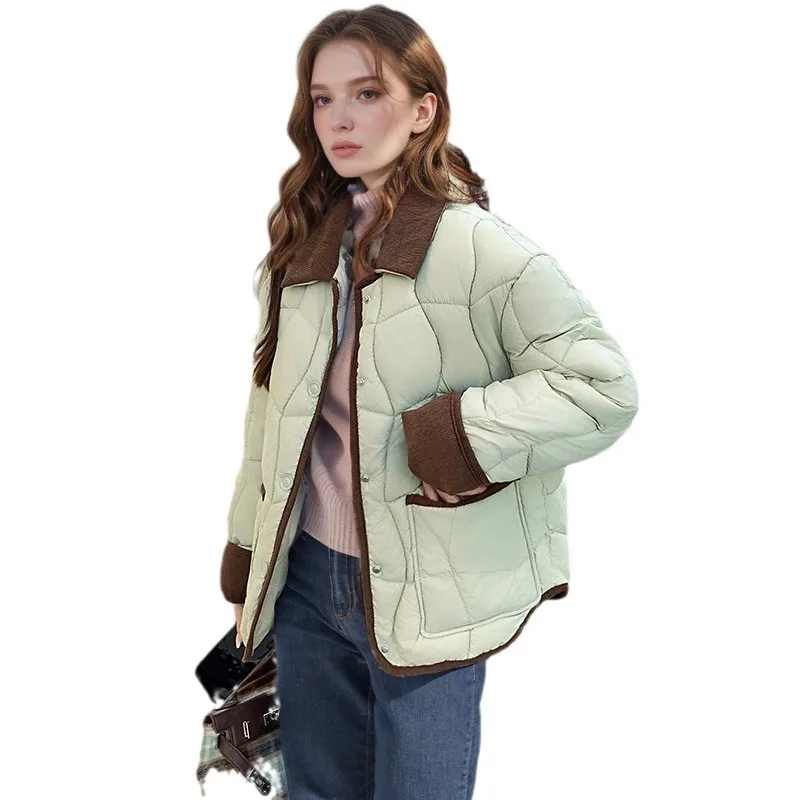 2025 inverno feminino leve curto jaqueta de algodão feminino contraste lapela diamante 2 bolso acolchoado jaqueta de inverno feminino