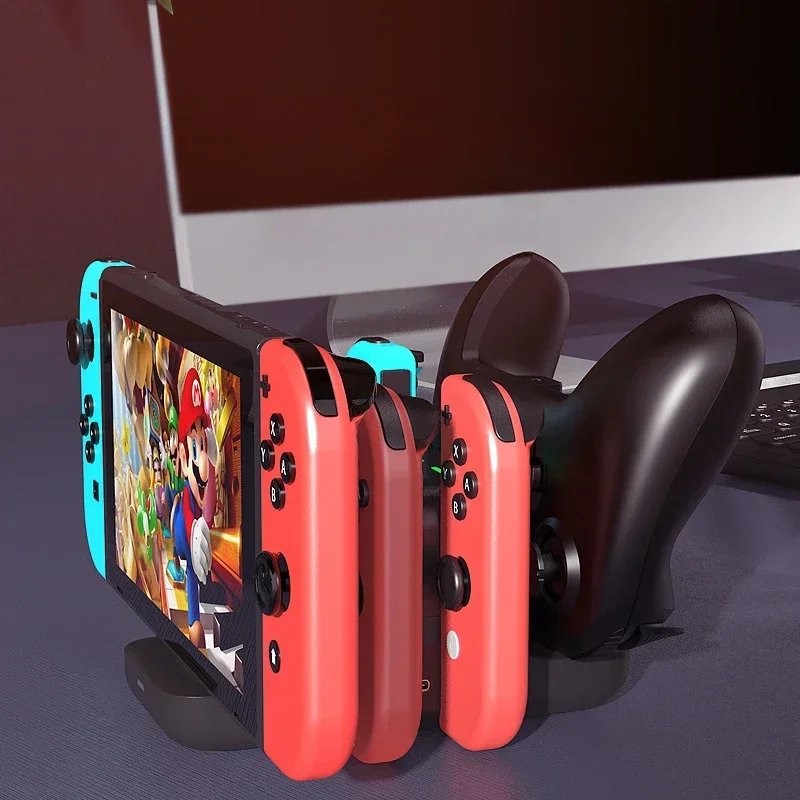 スイッチ充電器ドックステーション、プロコントローラー用収納スタンド、ns joy-con、黒、6 in 1