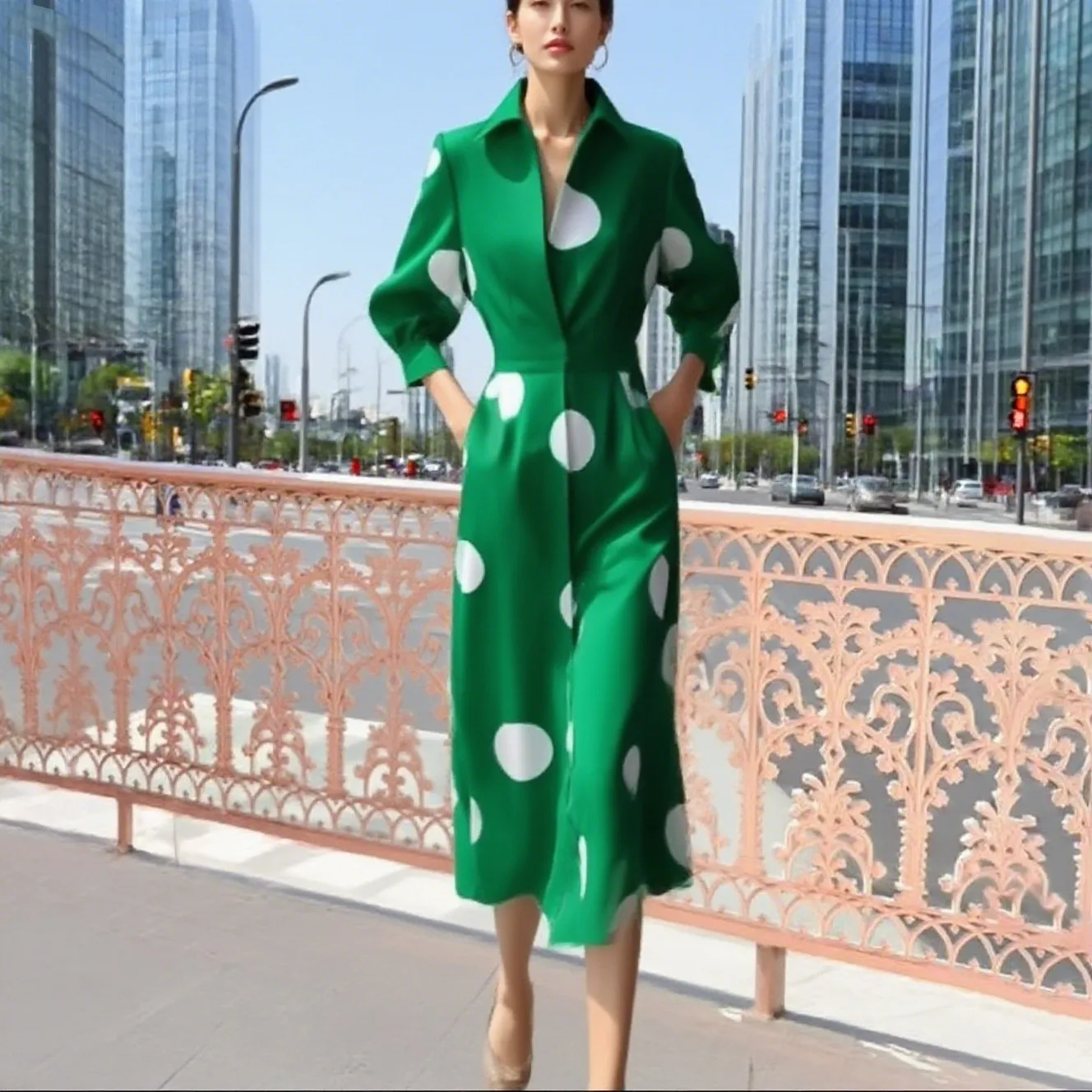 

2025 Casual Loose Dress Elegant Women Dress Boho Polka Dot Maxi Dress with V-neck Collar Long Sleeves Women's Wrap for Women's