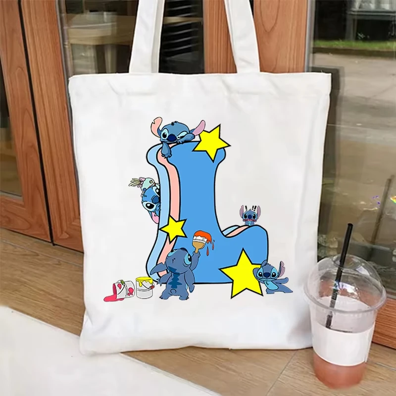 Disney Lilo Stitch Tas Kanvas Wanita Tas Bahu Gadis Kartun Lucu Tas Belanja Ringan Portabel Tas Belanja Perjalanan Wanita