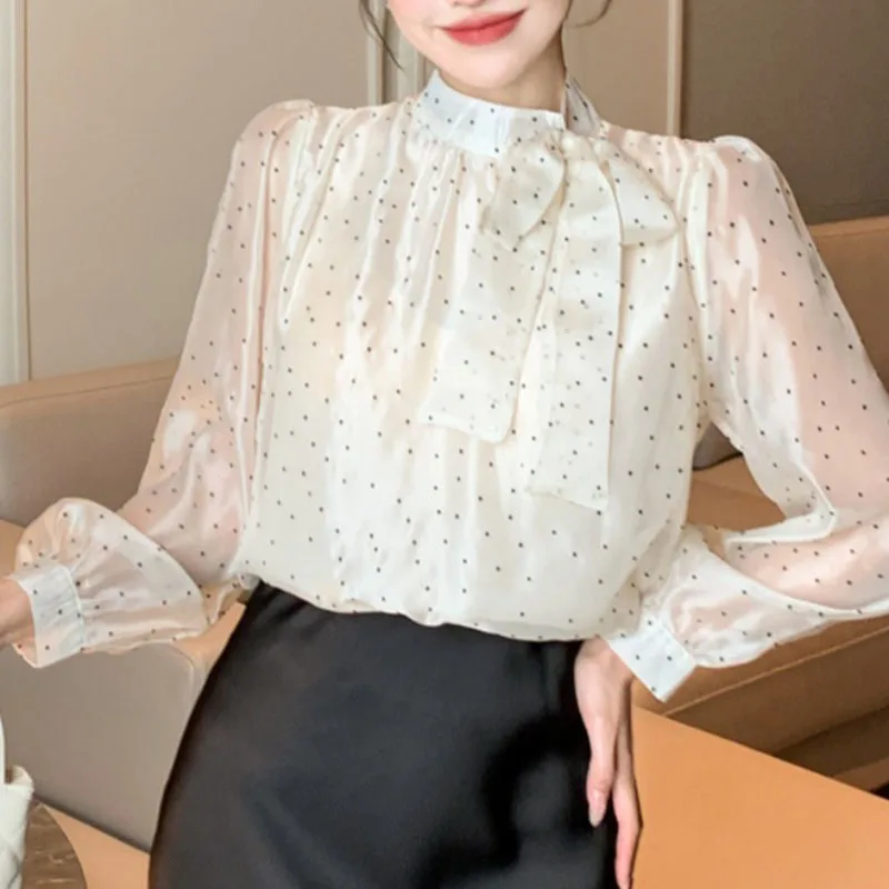 2024 Spring Blouses Women Gentle Work Wear Polka Dots Fashion Slim Office Lady High Street Daily Casual New Elegant