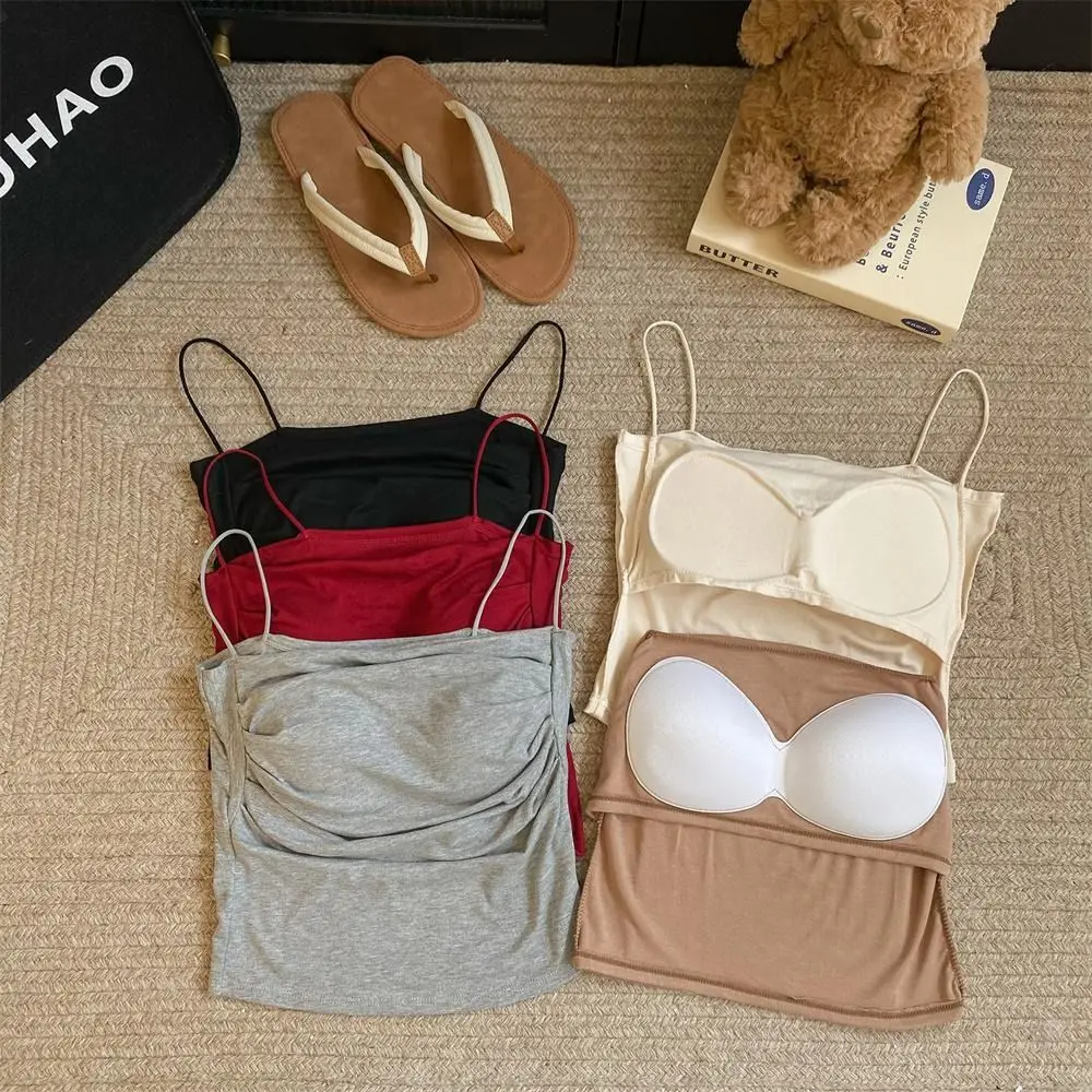 

Solid Color Seamless Camisole Vest Pleats Design Elastic Bra with Pads Camisole Undershirts Korean Style