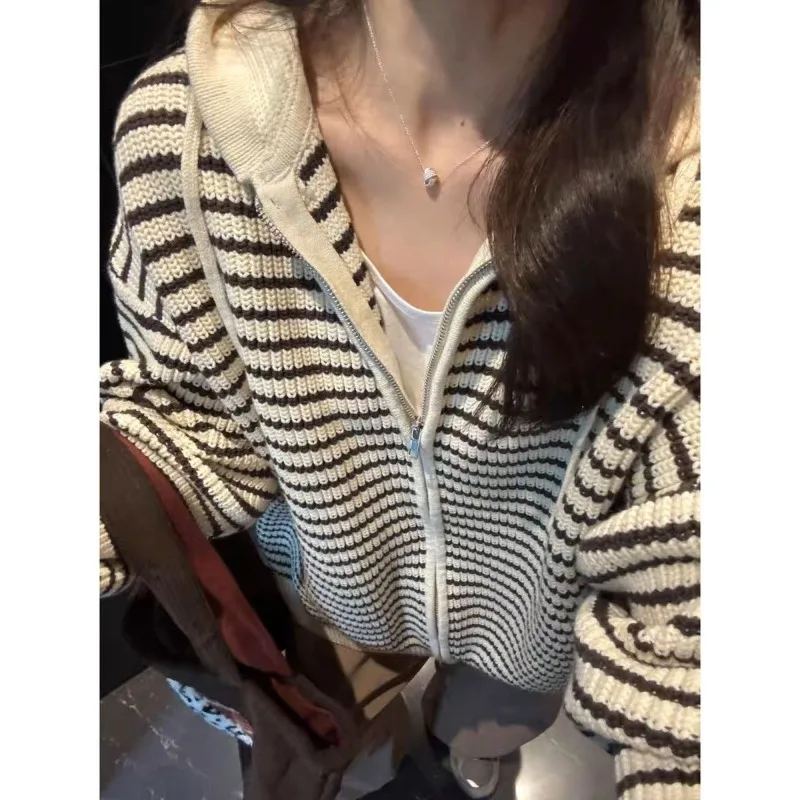 Color Block Striped Knitted Sweater Coat Lazy Soft Cardigan American Retro Loose Fall Womens Oversized Pullover