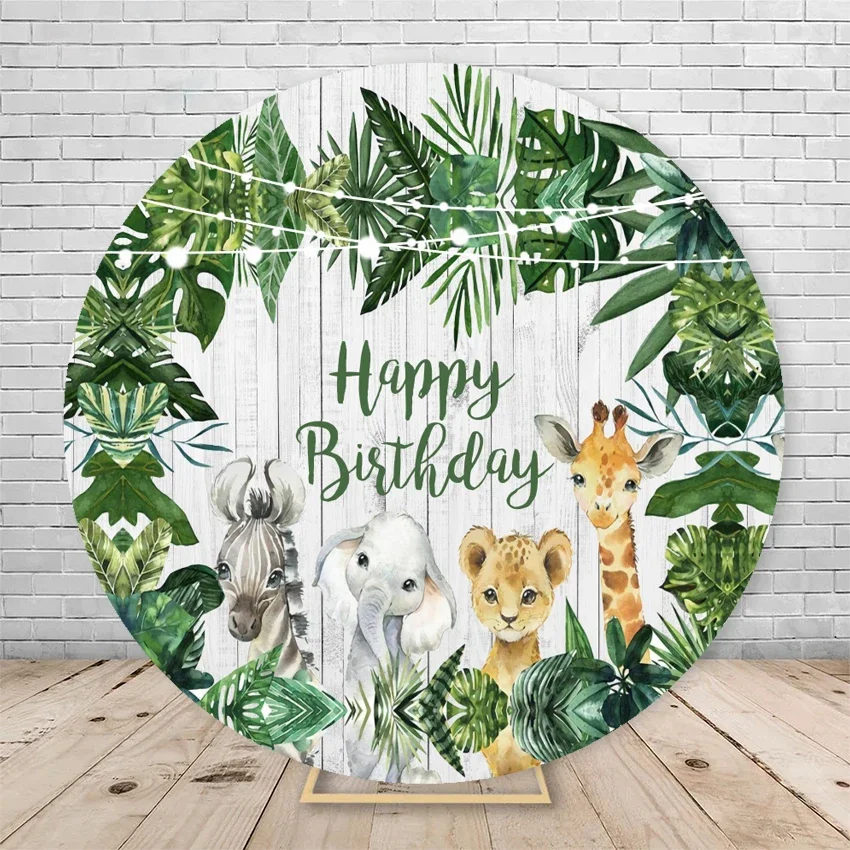 Wild Animal Round Backdrop with Elasticity Jungle Elephant Safari Party Baby Shower Newborn Birthday Photography Background