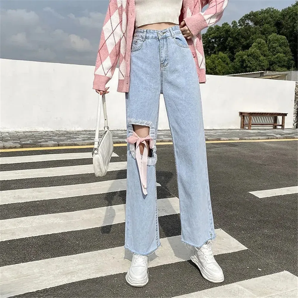 Heart Shaped Hole  Jeans For Women High Waist Mom Jeans Vintage Black Denim Pants Full Length Trouser 2022 Harajuku Streetwear