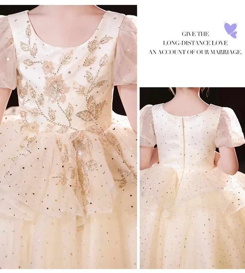 Vestido de fiesta de cumpleaños con cuentas de flores de lentejuelas champán para niña, vestido de baile de princesa para desfile de belleza para niños, boda, Año Nuevo