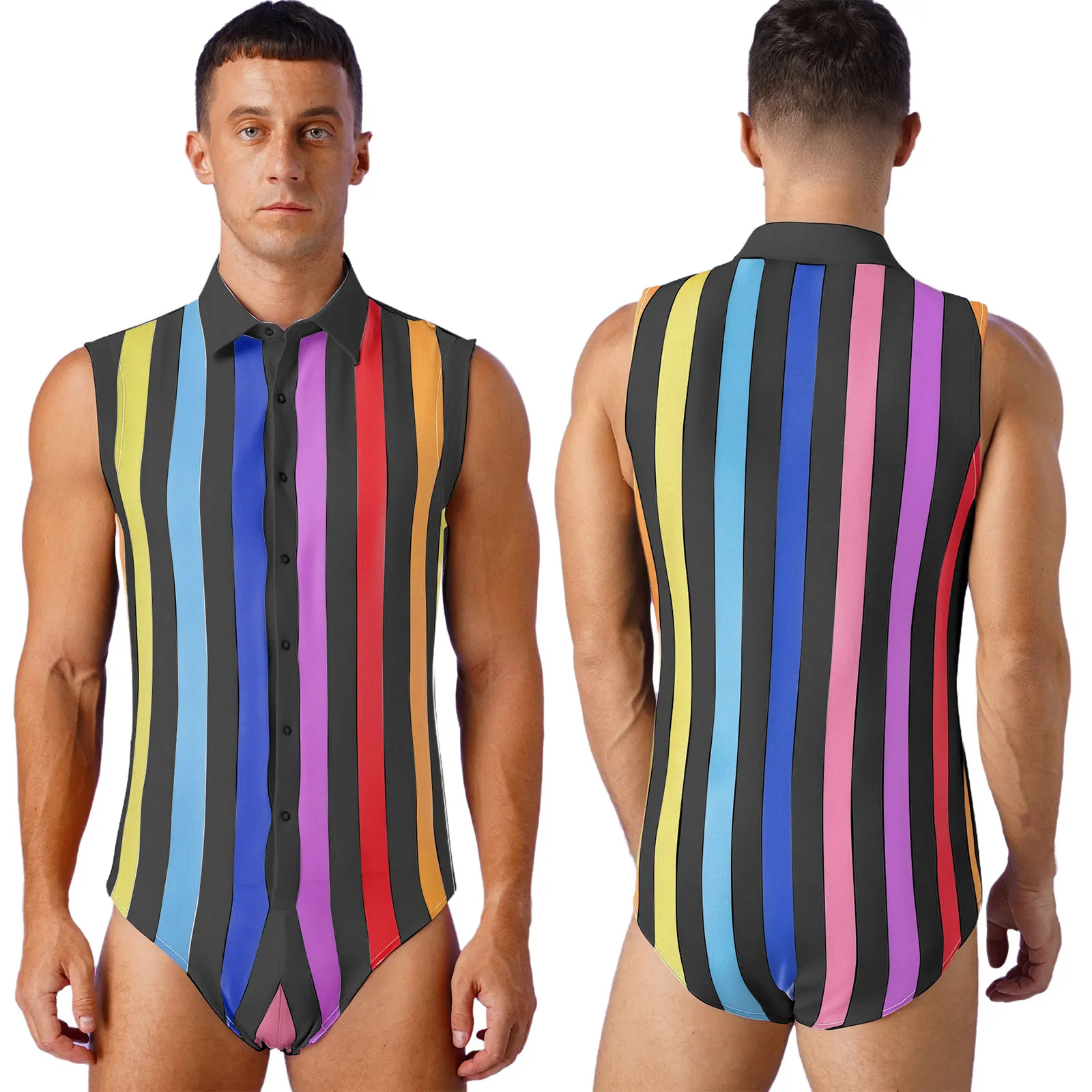 Bodysuits de luta livre de treino sem mangas masculino elegante colorido listrado macacão pijamas lounge-wear festa clube causal wear ternos