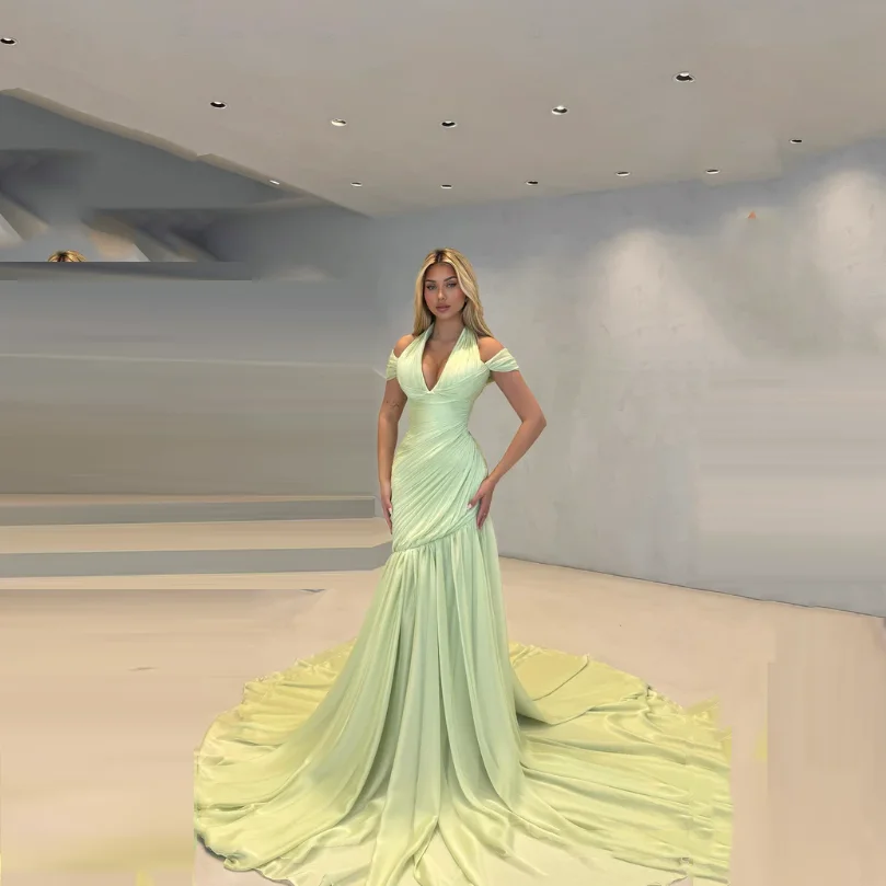 Abito da festa formale sexy menta in chiffon con spalle scoperte scollo a V abito da ballo Dubai abiti da sera lunghi a pieghe sirena