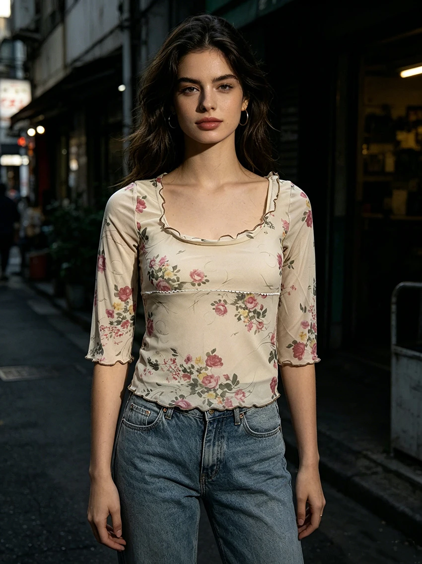 Y2K Romantic Women Vintage Floral Print Mesh Top Wavy Edge Ruffle Half Sleeve Square Neck Slim Fit Girly Daily Cropped Blouse