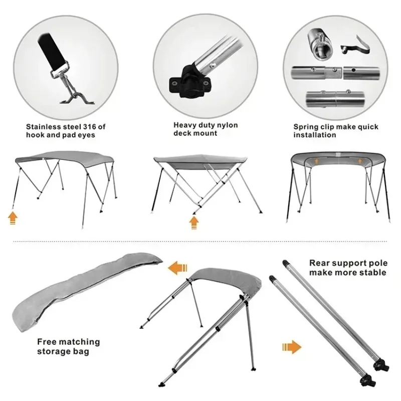 Cubierta superior para barco Bimini de arco 3/4, toldo con revestimiento de poliéster 600D de PU, parasol de lona con marco de aleación de aluminio de 25mm, barco pontón