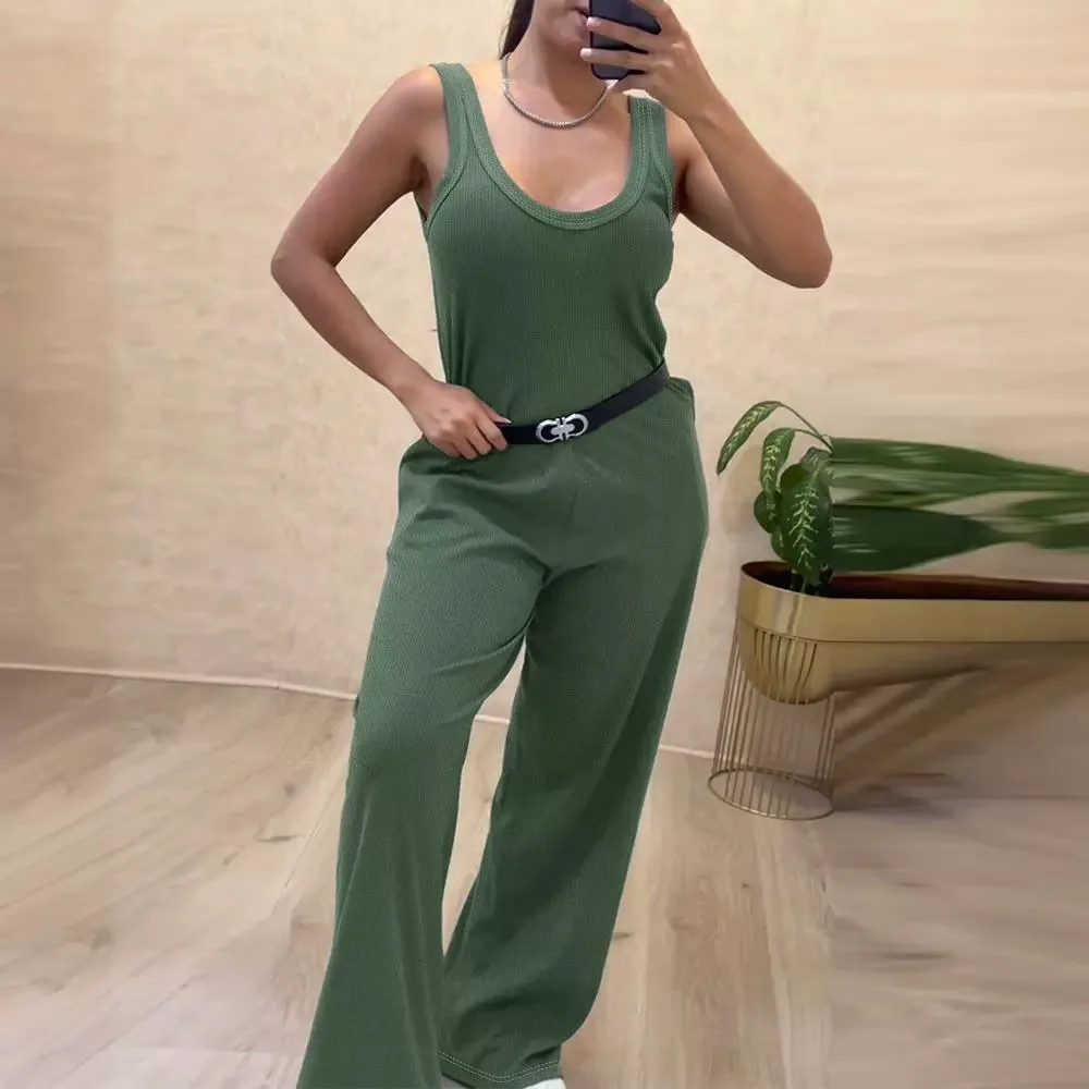 U-Neck Thick Strap Casual Jumpsuit Women Loose Sleeveless High Waist Solid Color Overall Jumpsuits Pants