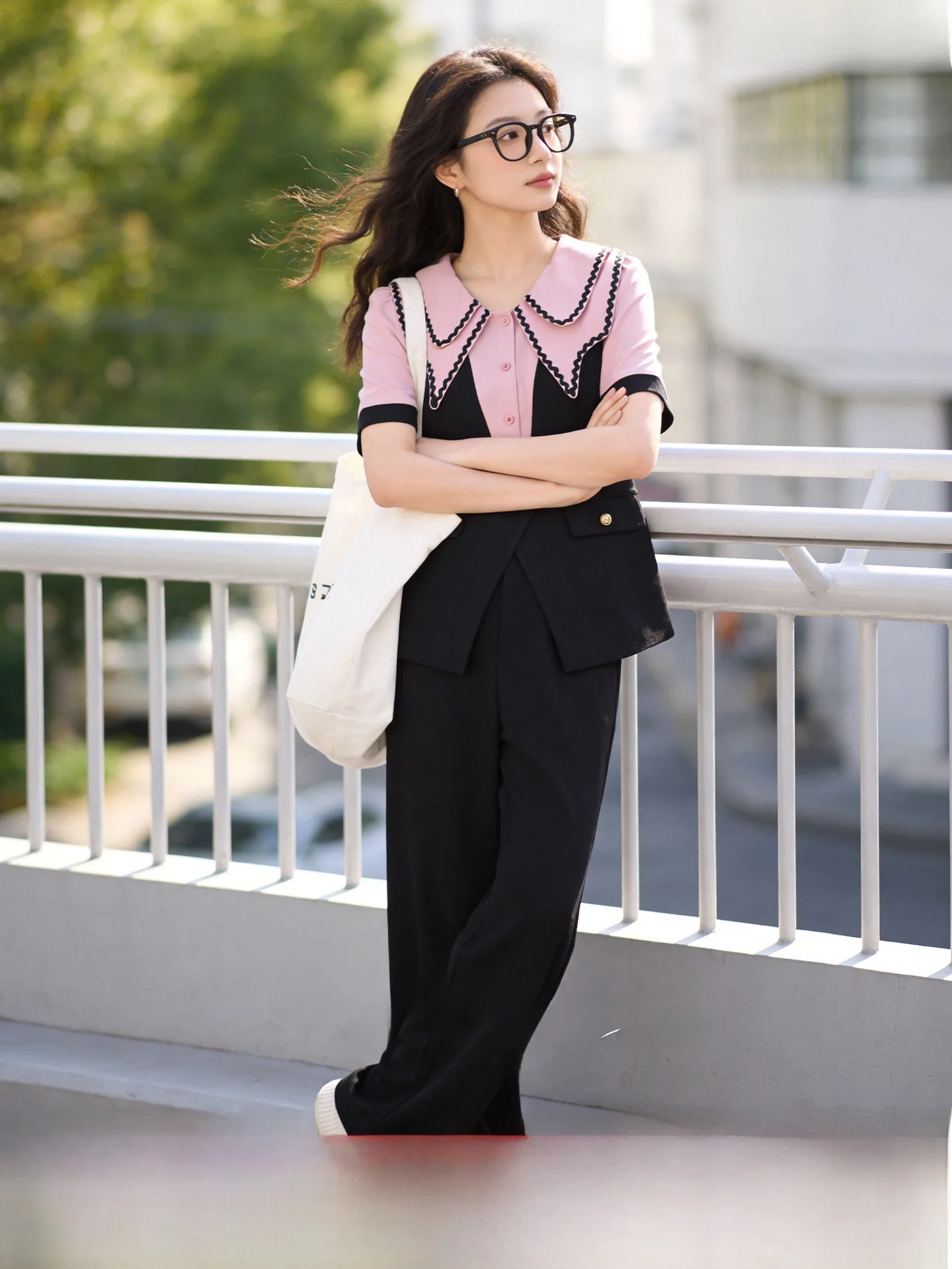 

plus Size Women's Suit Set Doll Collar Fake Two-Piece Straight Leg Pants Polyester Fiber Summer Collection Universal Fit