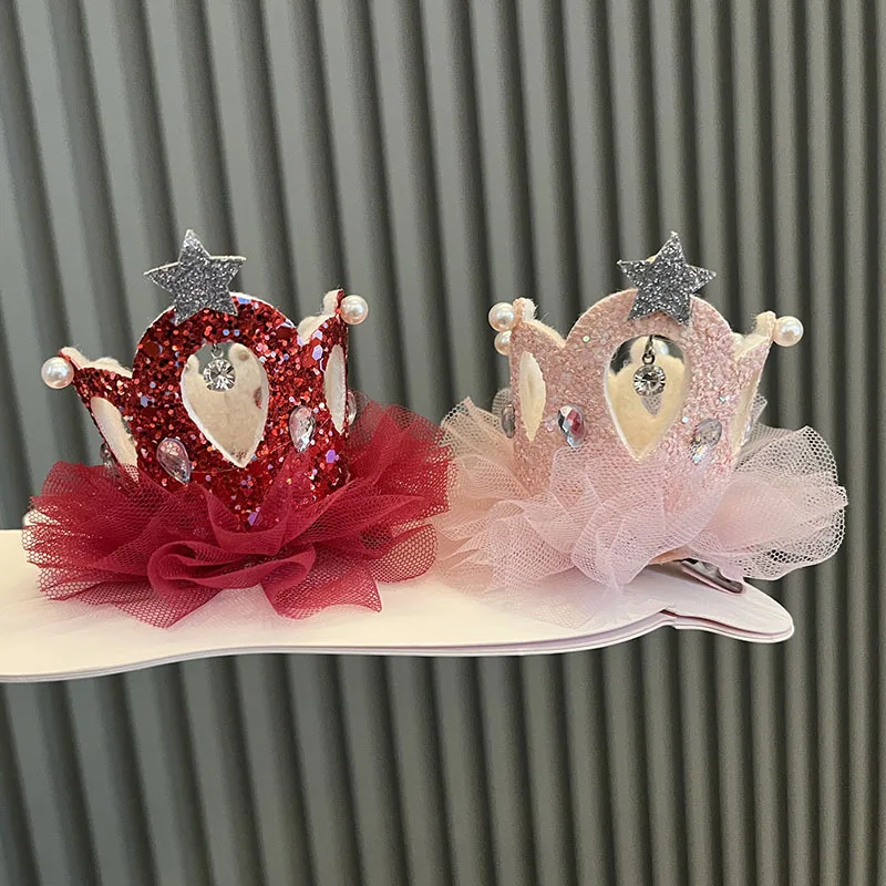 Children's Veil Girls Crown Bow Barrettes Little Princess Stereo Light Diamond Head Clip Birthday Photo Hair Clip Headdress