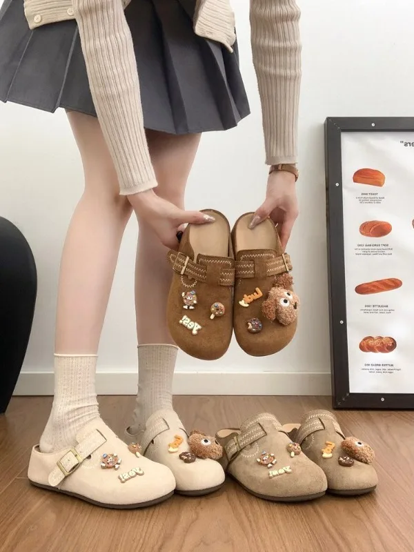 Cute Women Suede Boston Clogs Mules Flat Backless Slip On Plush Dog Doll Snack Charms Buckle Autumn Shoes