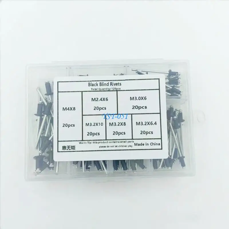 E15A 120x مجموعة متنوعة من المسامير العمياء مع حقيبة تخزين M2.4-M4 مسامير برشام ذات نهاية مفتوحة