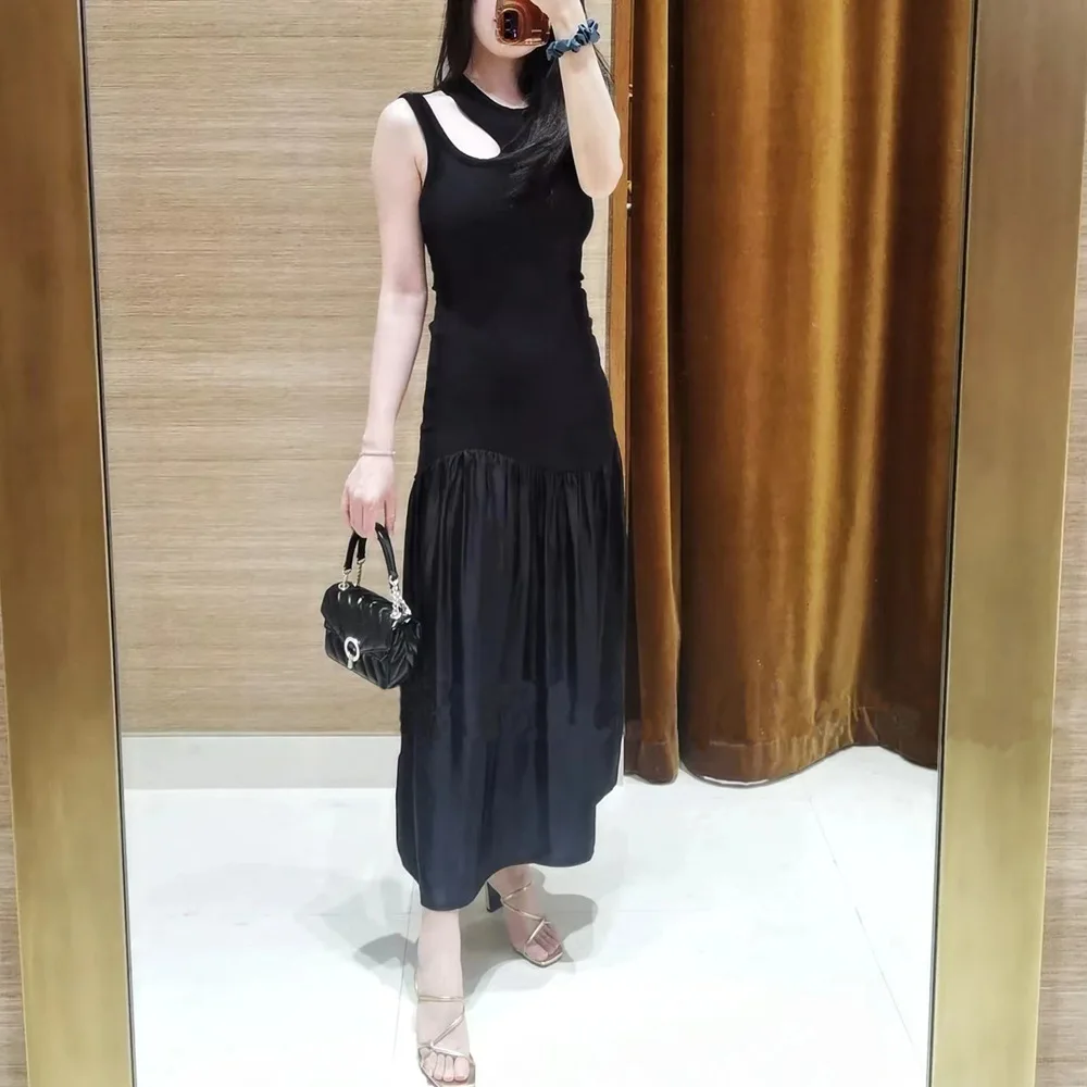 

Fashion Dress Summer New French High-end Sleeveless Skeleton Draped Black Long Patchwork Knit Women