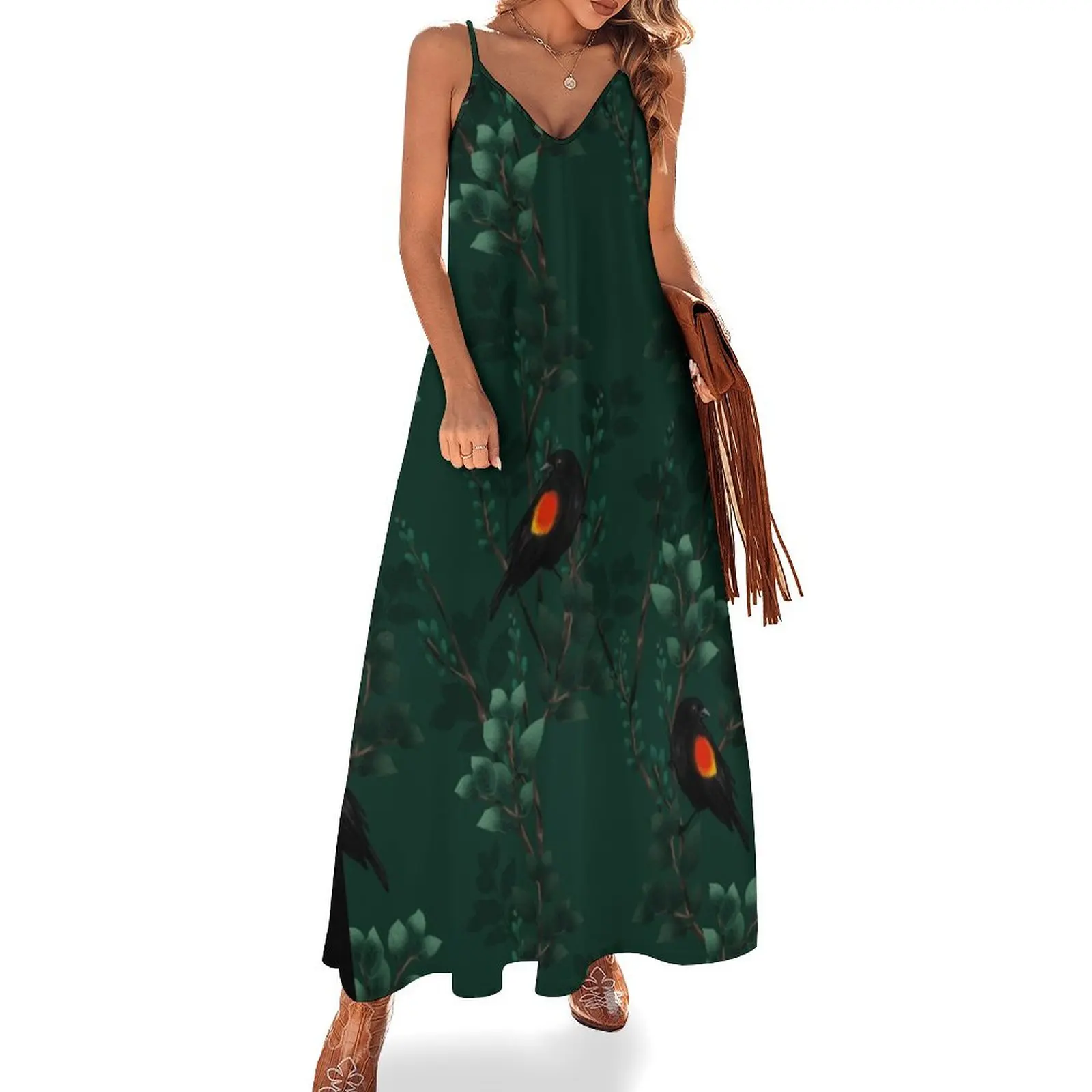 

Red-Winged Blackbird Pattern Sleeveless Long Dress summer women's dress 2025 Elegant gown dress women summer 2025