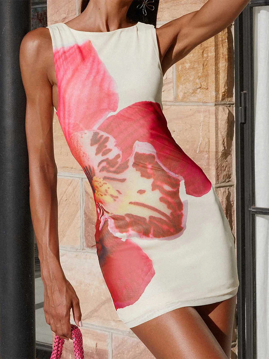 ผู้หญิงชุดเดรสแขนกุดคอลูกเรือพิมพ์ดอกไม้ Slim ฤดูร้อนชุดเข้ารูปชุดมินิเดรส