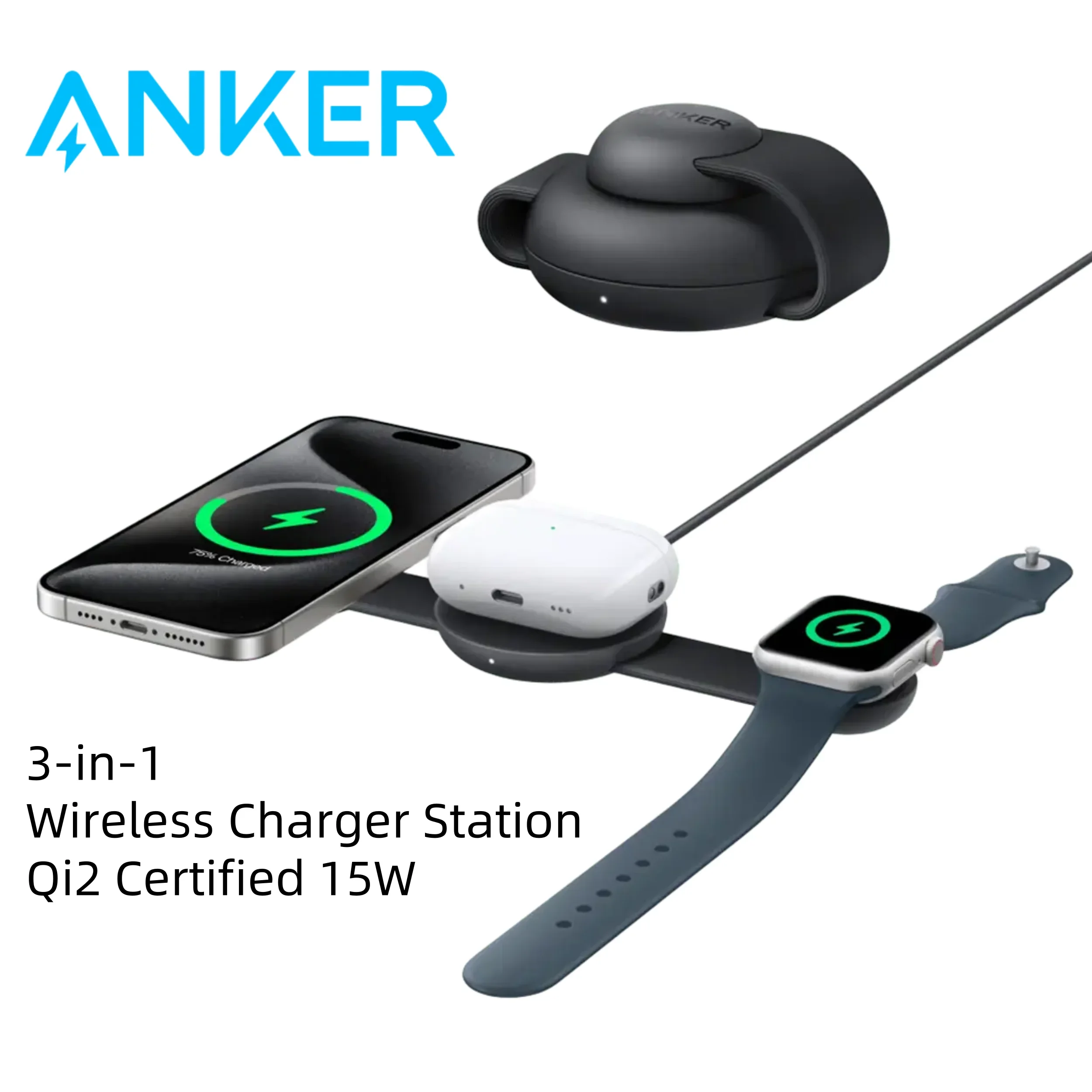 Anker MagSafe Compatible MagGo UFO 3-in-1 Charger, iPhone 16 Wireless Charger Station, A25M8Qi2 Certified 15W,