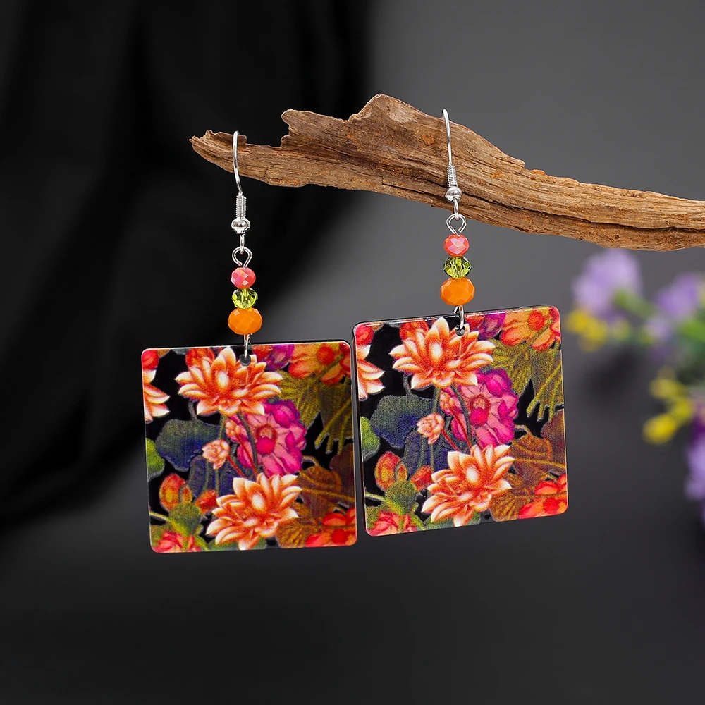 Gorgeous Colorful Square Relievo Printing Flower Pattern Acrylic Earrings For Women Vintage Style Trending Product Girls Jewelry