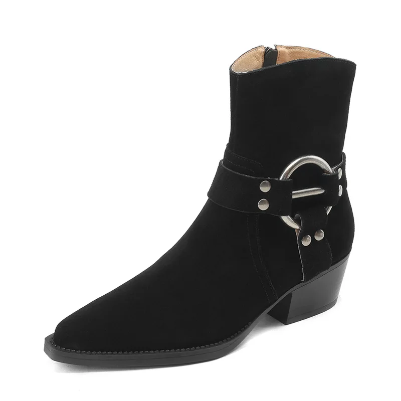 

Cow Suede Women Western Boots Autumn Metal Decoration 5cm Chunky Heels Ladies Pointed Toe Black Brown Khaki Zipper Ankle Boots