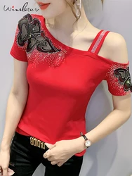 Summer 2022 Sexy T-shirt Women Off-shouler Mesh Patchwork Diamonds Short Sleeve Tops Tees Red Green White Black T24101