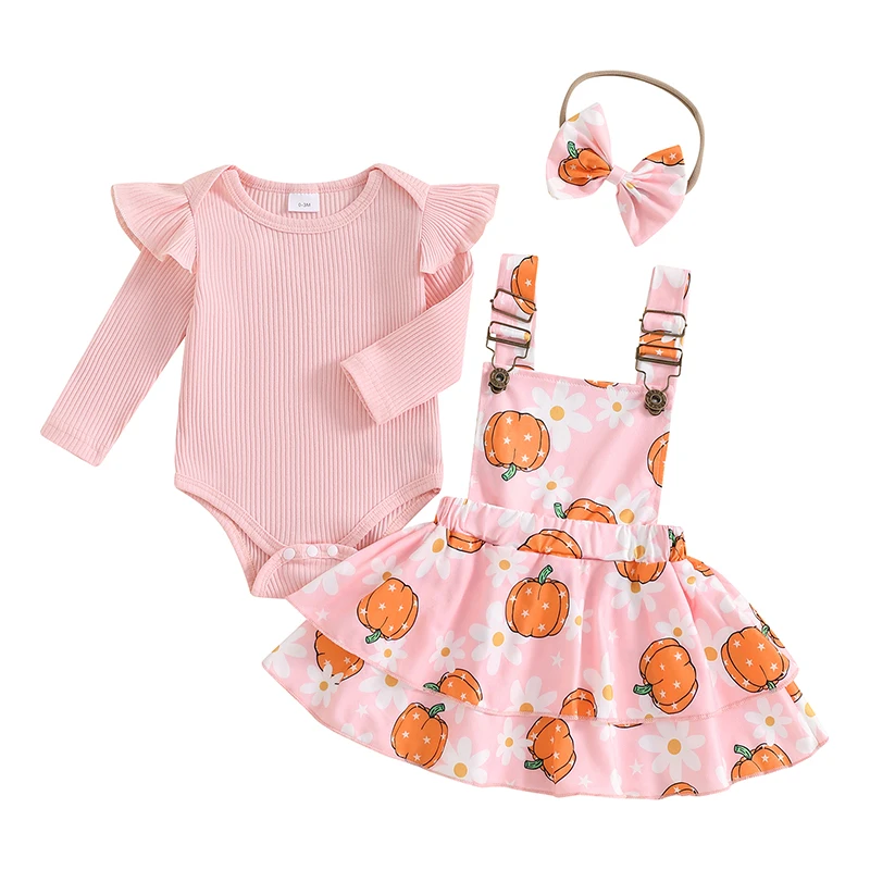 

Baby Girl Halloween Outfit Ruffle Long Sleeve Rib Romper Suspender Skirt Headband 3pcs Infant Fall Clothes