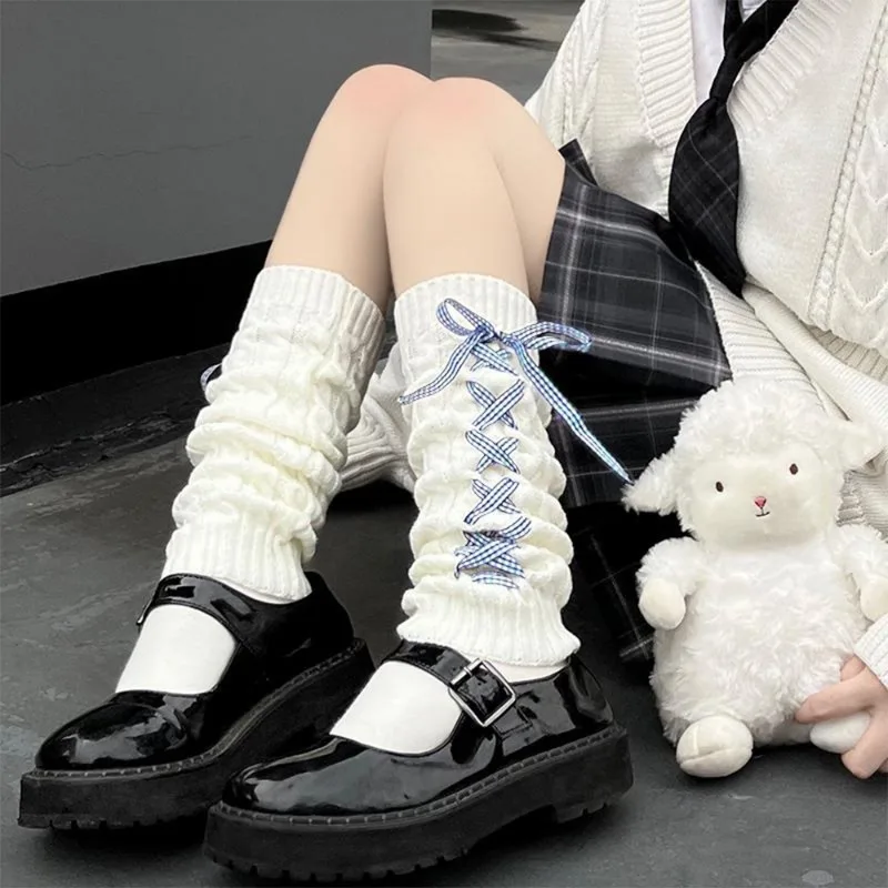 Woman Leg Warmers Winter Girl Lolita Daily Black White Ribbon Leg Warmers Warm Versatile Knitted Leg Warmers Fashion Accessories