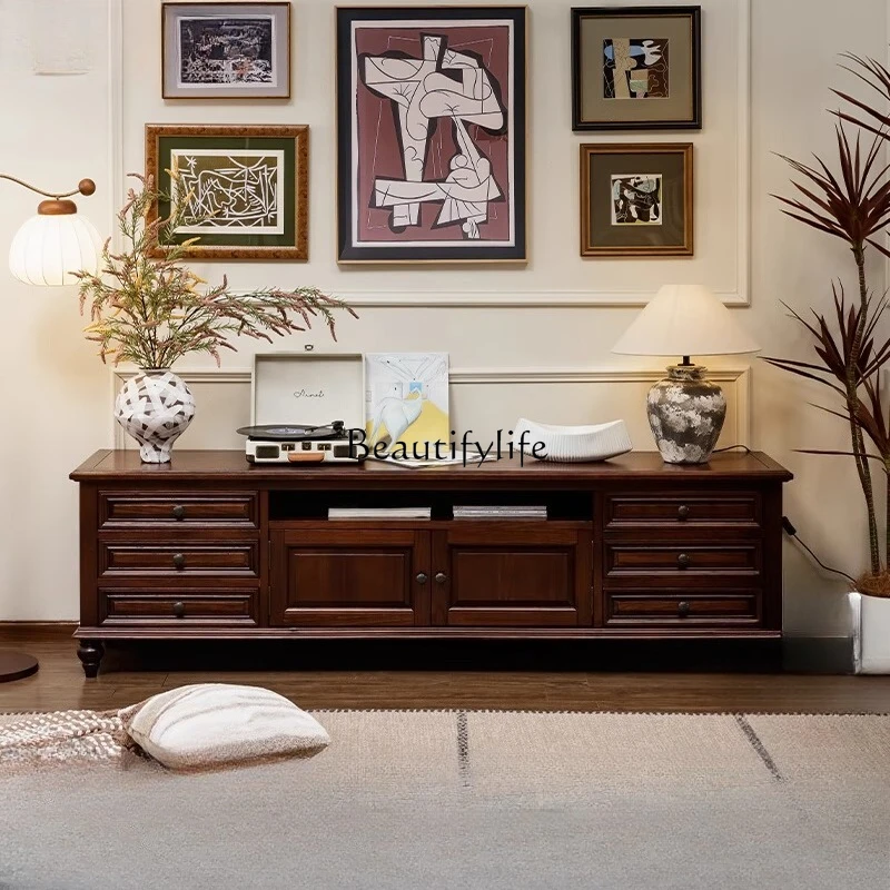 

American all-solid wood TV cabinet heightened multi-drawer American country living room solid wood cabinet