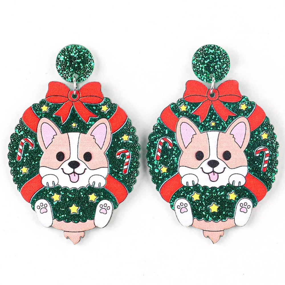 Christmas Lovely Acrylic Wreath Dog Cat Drop Earrings for Women Geometric Glitter Animals Dangle Earrings Jewelry New Year Gifts