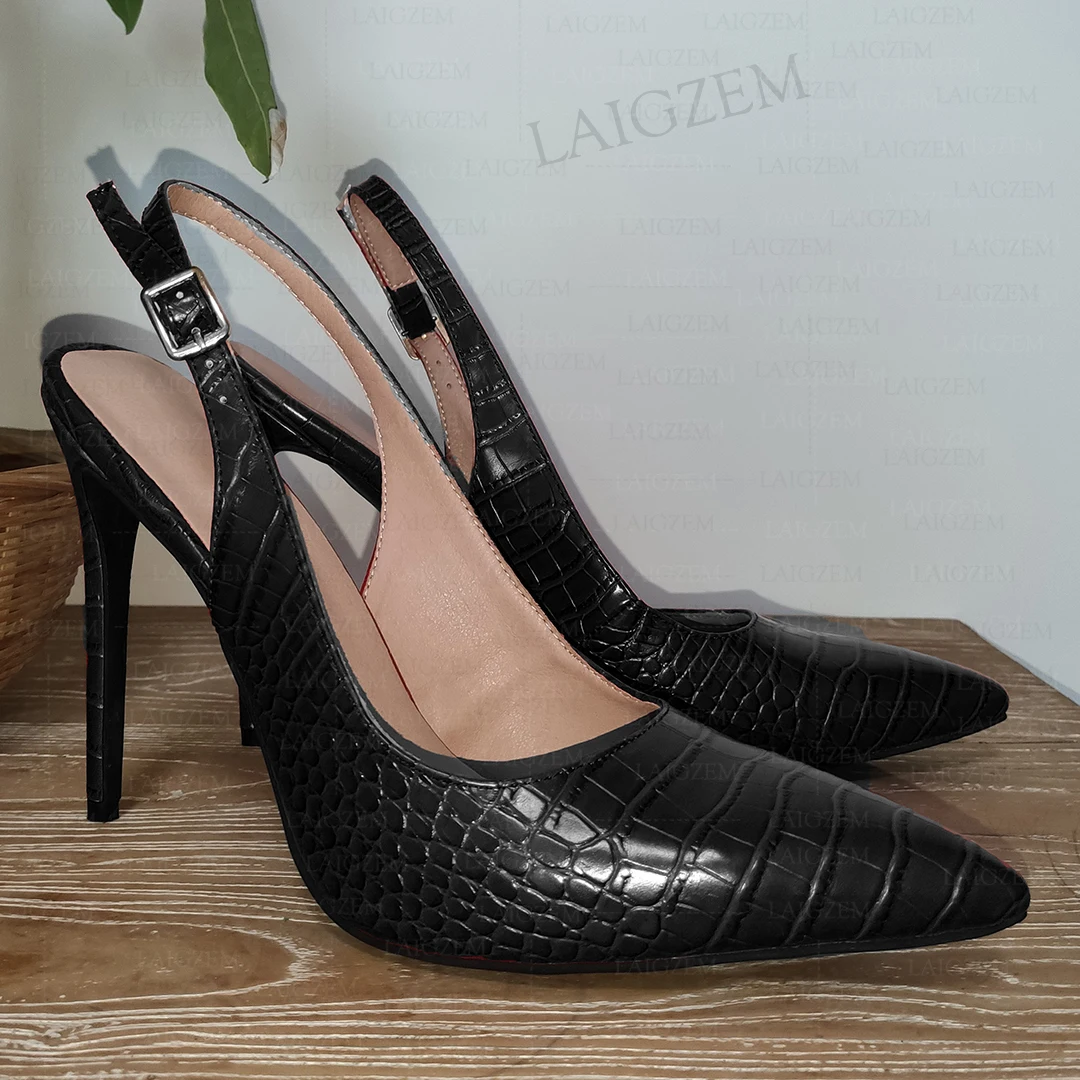 SEIIHEM Women Pumps Slingback Thin High Heeled Sandals Pointed Toe Crocodile Print Shoes Woman Party Prom Big Size 39 41 44 47