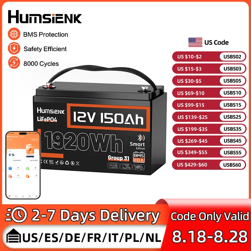 Humsienk LiFePO4 Bluetooth Battery 12V 150Ah Lithium Battery With Improved 110A BMS For RV/Vans/Trolling Motor/Camping/Golf Cart