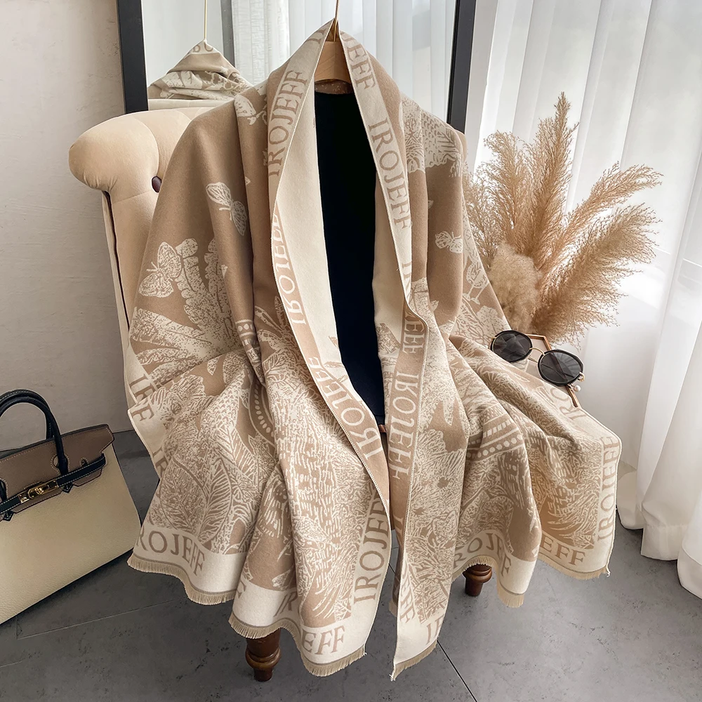 New Luxury Winter Rose Two-Sided Cashmere Jacquard Scarves High Quality Women Thicken Wrap Shawl Ladies Wool Pashmina Scarf