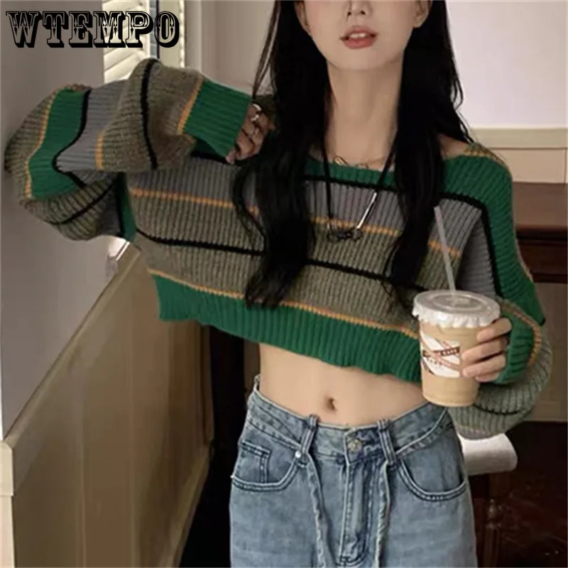 WTEMPO Women\'s Long Sleeve Knitwear Ladies Crop Sweater Striped Knitted Coat Fashion Sexy Short Colorblock Pullover Jumpers