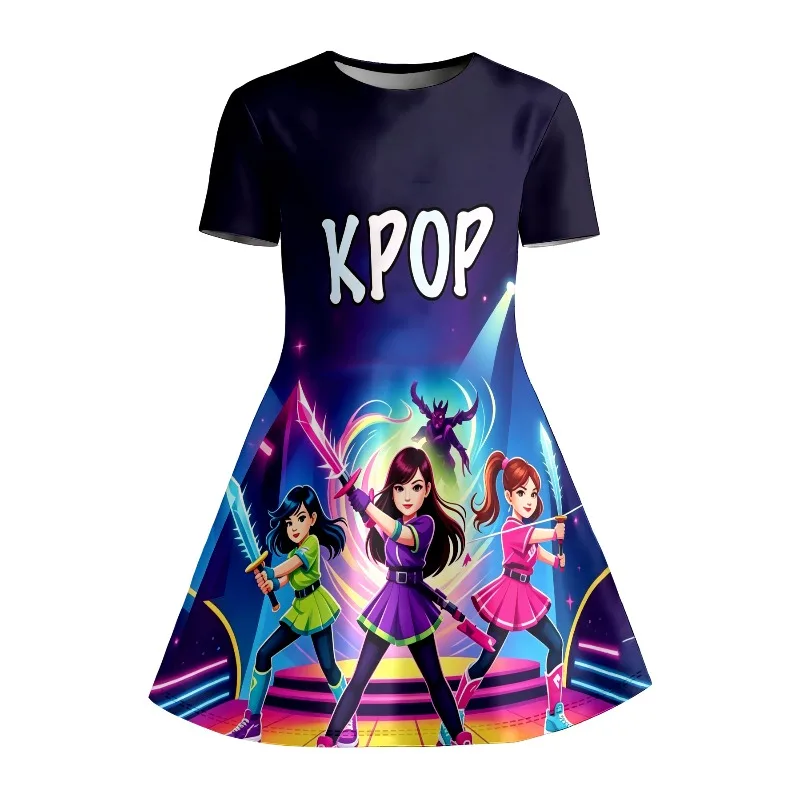 Weiches und atmungsaktives, tiefblaues, kurzärmliges Freizeitkleid mit Cartoon-Krieger-Mädchen-Aufdruck für Kinder, geeignet für Geburtstagsgeschenke – Detail 6