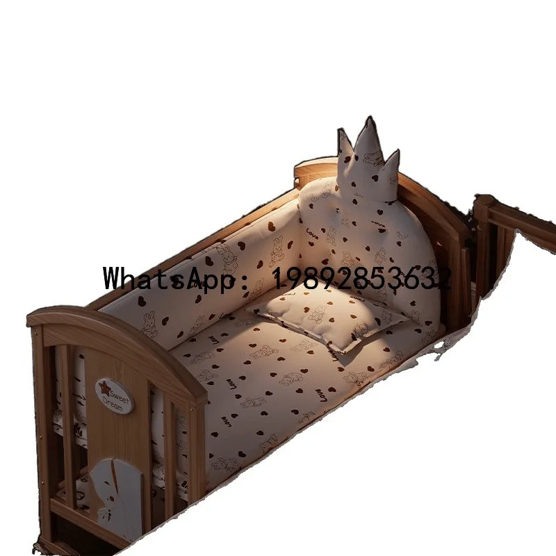 سرير أطفال مصنوع من الخشب الصلب غير مطلي، سرير أطفال متعدد الوظائف، سرير وحدات متحرك للأطفال #4