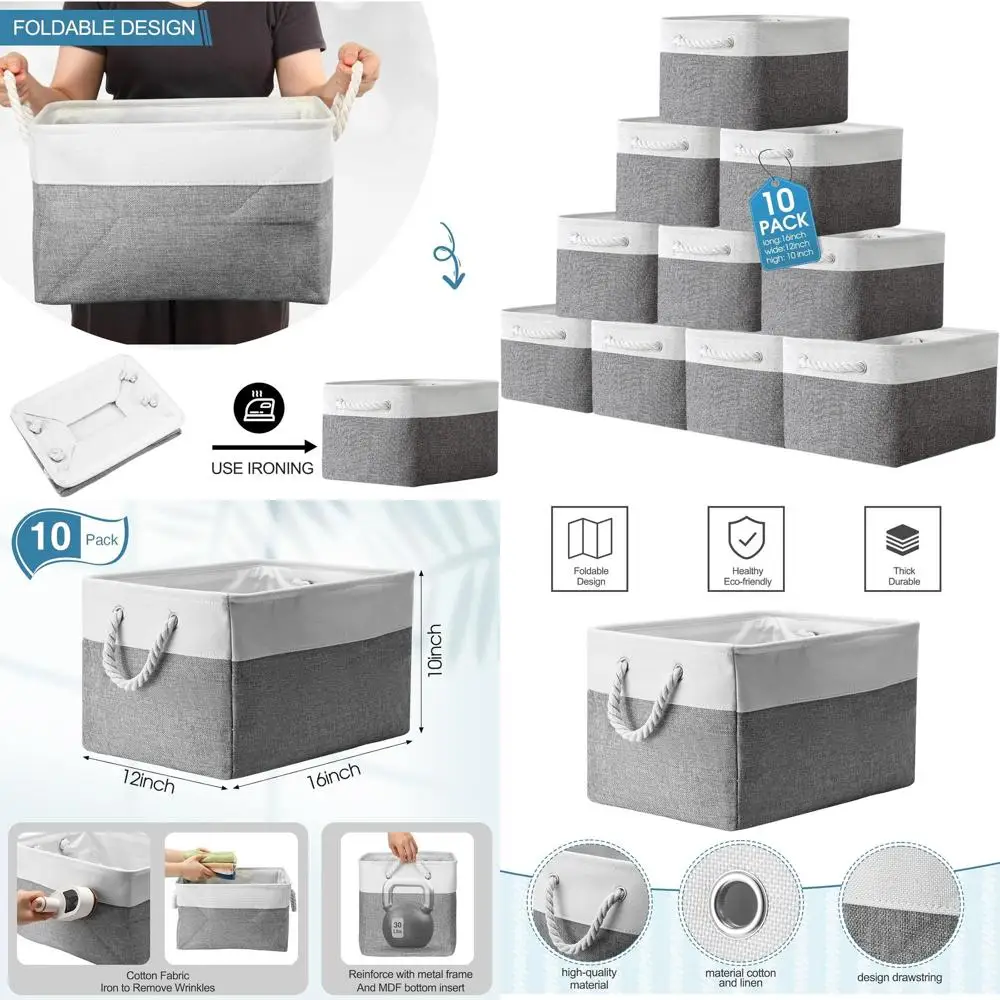 

Складные тканевые корзины для хранения с ручками для организации полки, игрушек, одежды — белый и серый, 16x12x10 дюймов