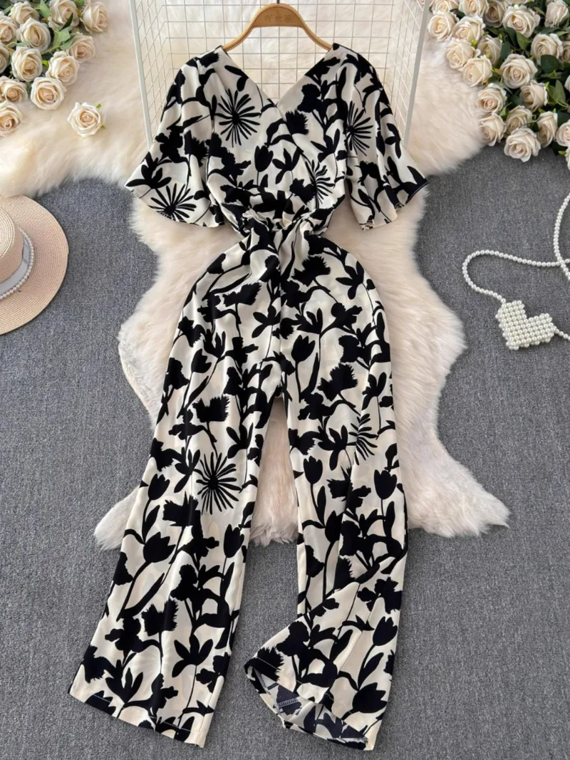 

Summer Vintage Monos Mujer Elegante Bodysuit V Neck Flower Print Wide Leg Pant Romper Pleated Slim High Grade Chiffon Jumpsuit