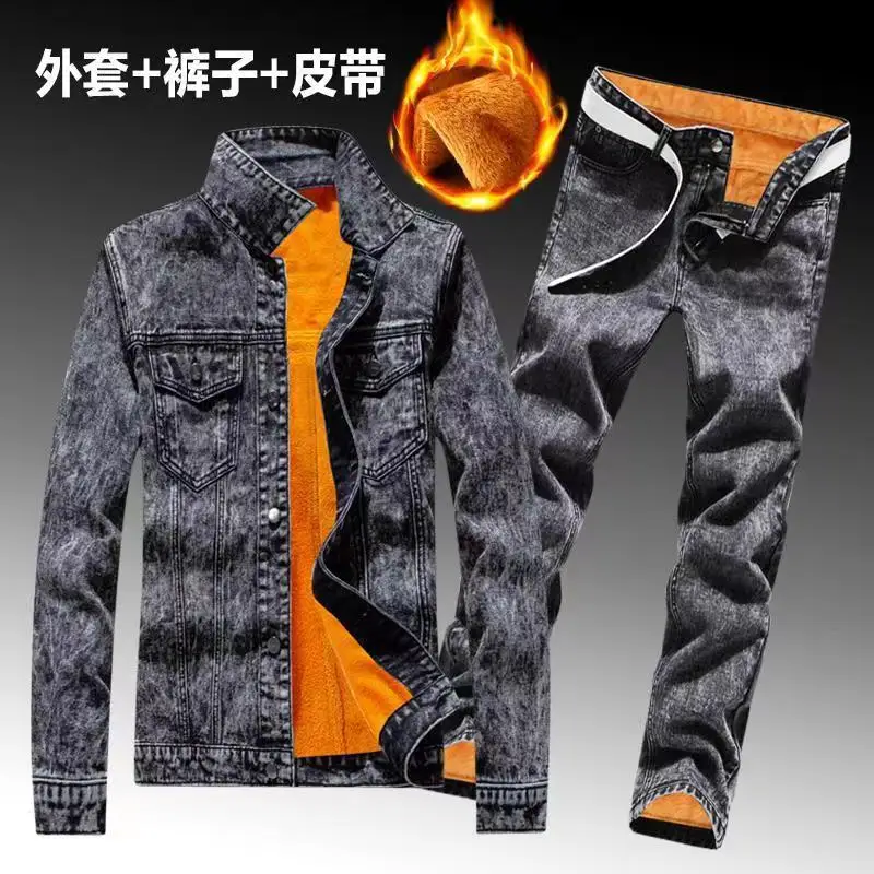 Winter Men Fleece Lining Thick Warm Denim Two Piece Set Slim Fit Cowbody Jacket Jeans Suit Cargo Sets