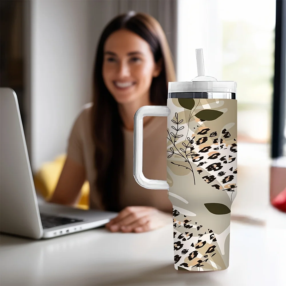 Fashionable Leopard Print Botanical Pattern Tumbler with Handle And Straw Suitable for Outdoor Travel And Daily Use