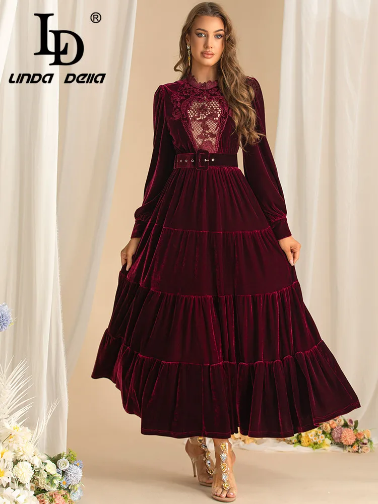 LD LINDA DELLA Autumn and Winter Fashion Dress Women Stand Collar Lantern Sleeved Lace Hollow Out Party Dresses With Belt