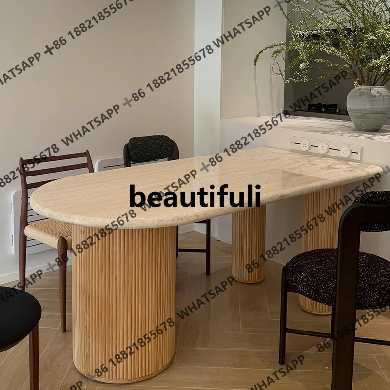 

Wabi Sansan natural travertine semi-round dining table oval marble dining table solid wood island