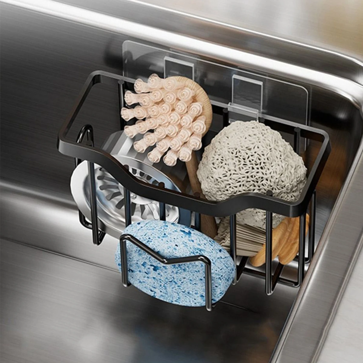 

1Pcs Useful Sponge Holder Kitchen Sink Rustproof Stainless Steel Kitchen Sink Organizer with Brush Holder Drain Tray