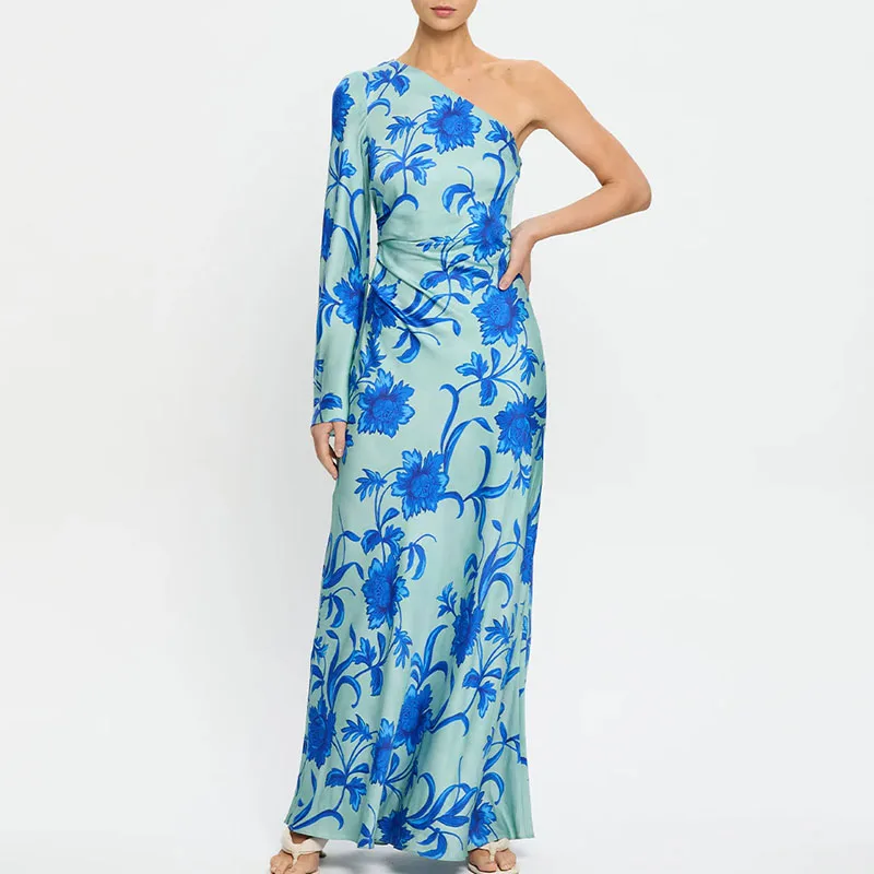 Herfst nieuwe off-shoulder jurk met lange mouwen Casual asymmetrische hoog getailleerde vakantiejurk Sexy uitgeholde strandfeestjurken