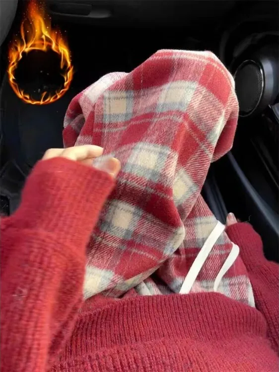 กางเกงขายาวลายสก็อตสีแดงขอบสีดำสำหรับผู้หญิงทรงหลวมเอวสูง ผ้าขนสัตว์ ใส่ได้ทั้งฤดูใบไม้ร่วงและฤดูหนาว ทรงขากว้างลำลอง ทรงตรง