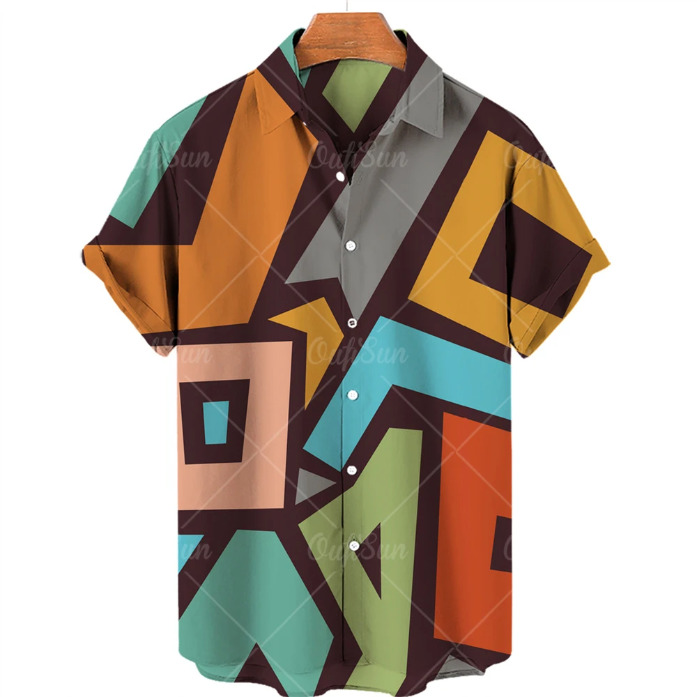 2022 Summer Men\'s Abstract Painting Print Hawaiian Shirts Beach Holiday Party Short Sleeve