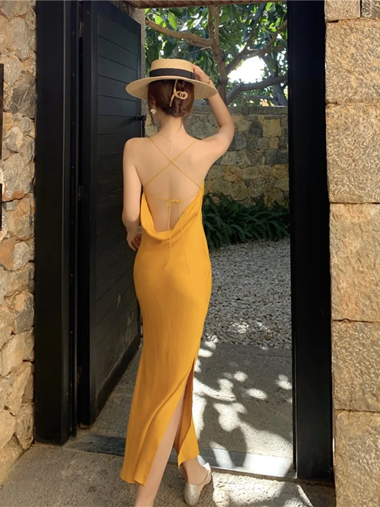 Women Elegant Summer Graphic solid Customized Long Royal Sleeveless Backless High Waist A-Line Long Cami Floor Length Dress WH7