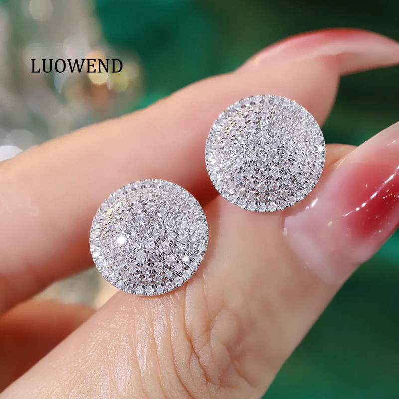 LUOWEND 100% 18K White Gold Earrings Women Luxury Shiny Design 1.0carat Real Natural Diamond Stud Earrings High Wedding Jewelry
