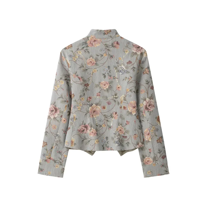 Vintage Lady's Slim And Luxurious Floral Pattern Fitted Style Elegant And Trendy Stand Collar Fashionable Ladies' Jacquard Coat